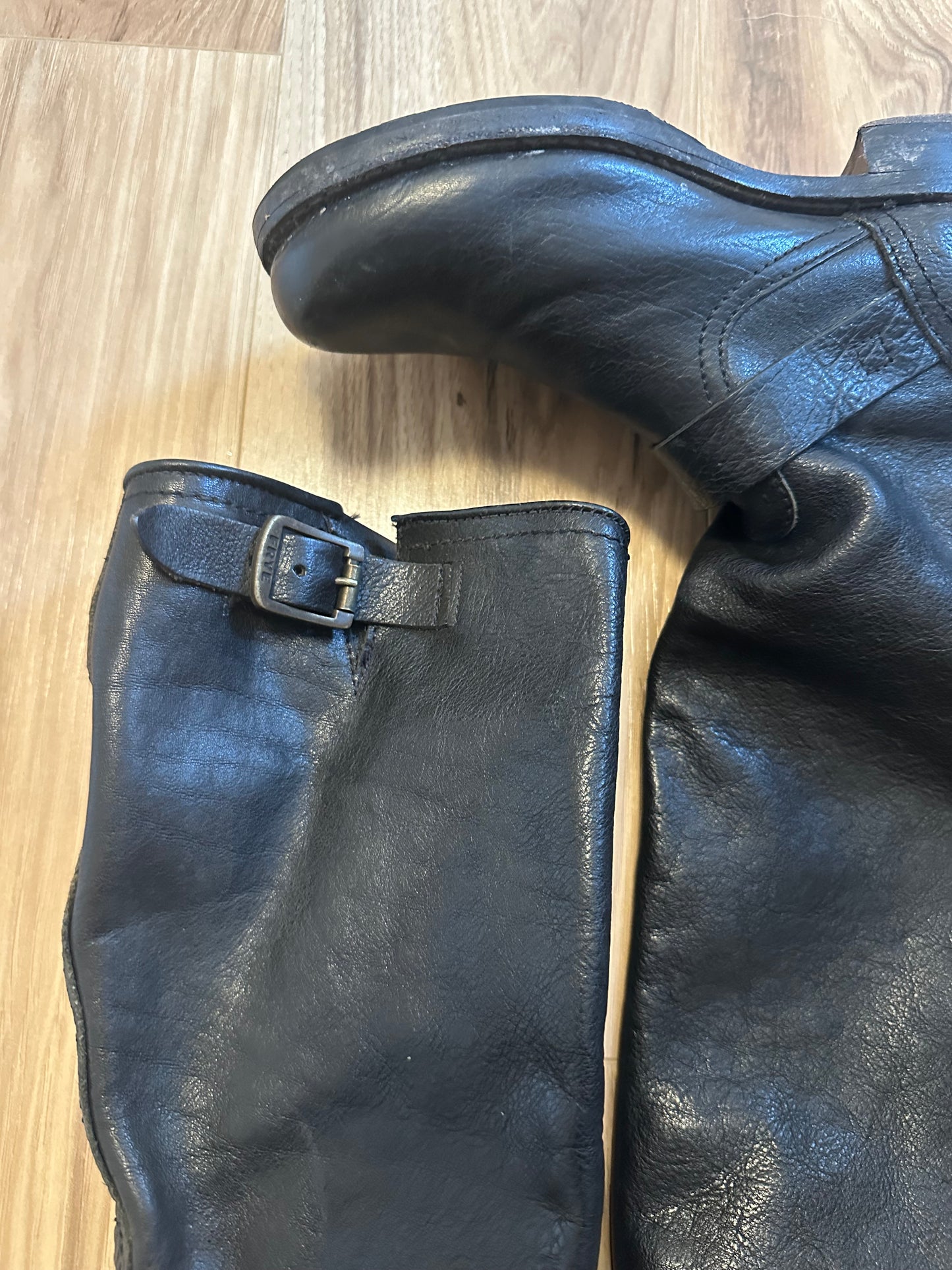 Frye Veronica Slouch Black Leather Pull On Buckle Boots | Size 6