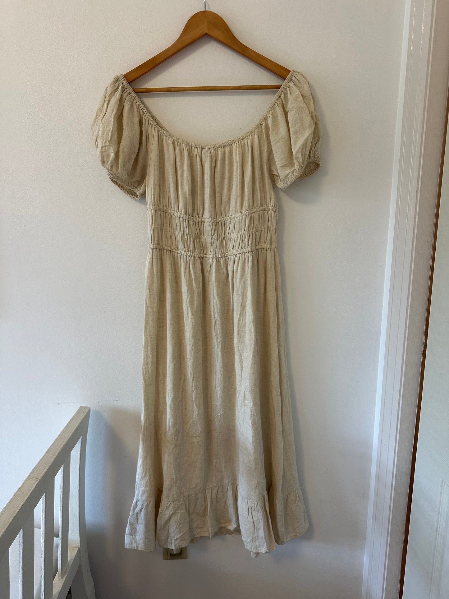 Sim & Sam Cream Puff Sleeve Rayon Linen Midi Dress - Size Medium