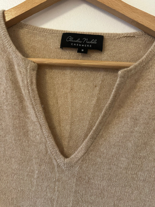 Claudia Nichole Cashmere Tan Notch Neck Sweater Size M