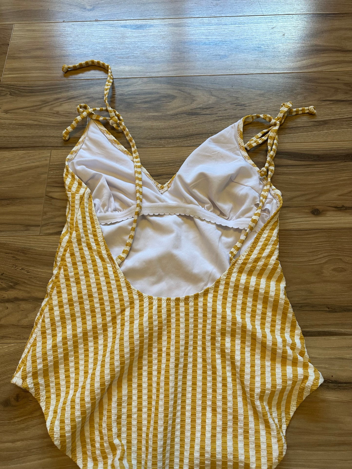 Jessica Simpson Yellow Striped Seersucker One Piece Swimsuit - Size Large