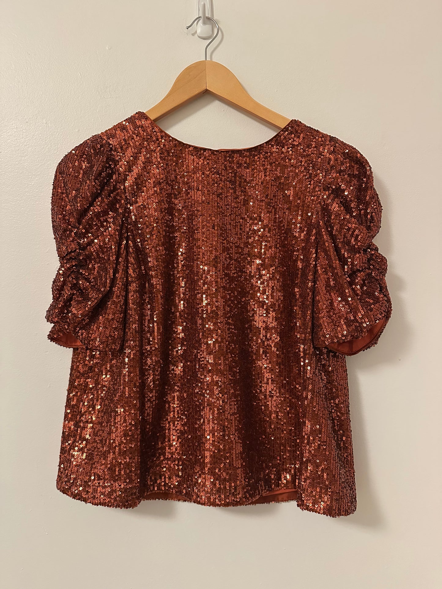 Anthropologie Marie Sequin Puff Sleeve Blouse in Copper | Size 6