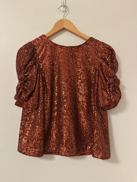 Anthropologie Marie Sequin Puff Sleeve Blouse in Copper | Size 6