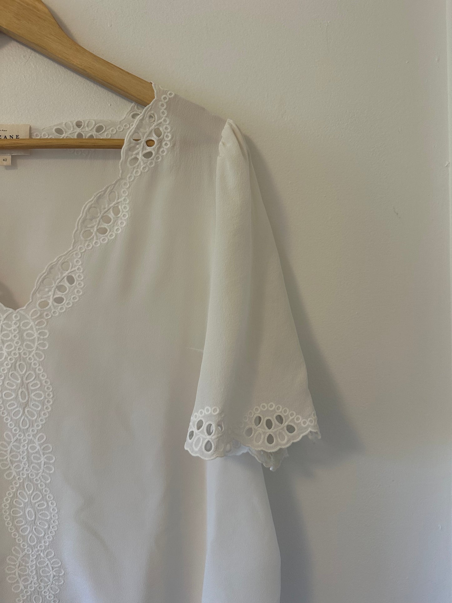Sezane White Lace Trim Silk Blouse | Size 10 EU 42