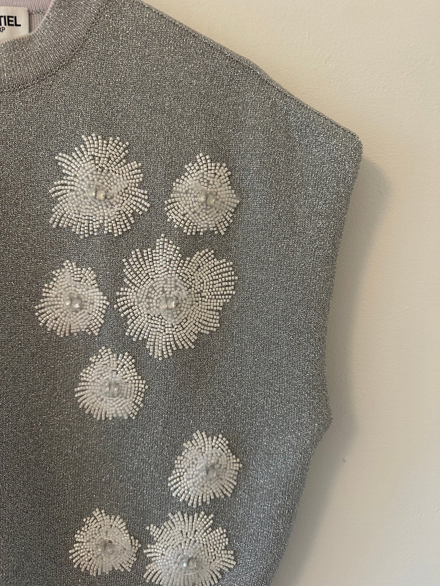 Essentiel Antwerp Eruby Rhinestone Embroidered Metallic Knit Top - Size Medium