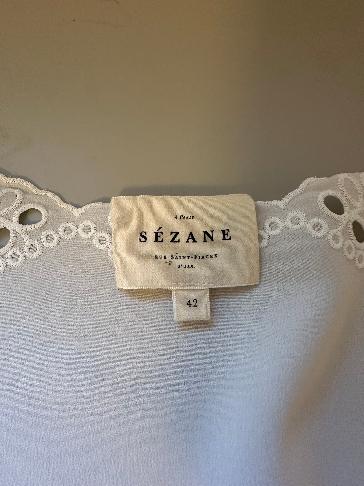Sezane White Lace Trim Silk Blouse | Size 10 EU 42