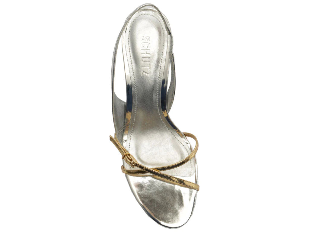 Schutz Cassie Mid Heel Silver and Gold Women's Dress Sandals - Size 8.5