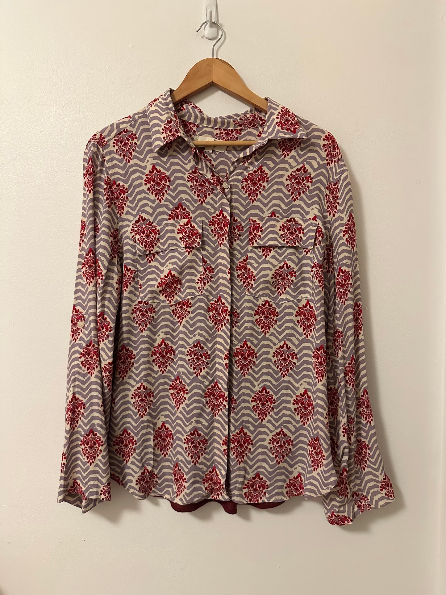 Porridge Anthropologie Patterned Mixed Media Button Down Shirt | Size Large