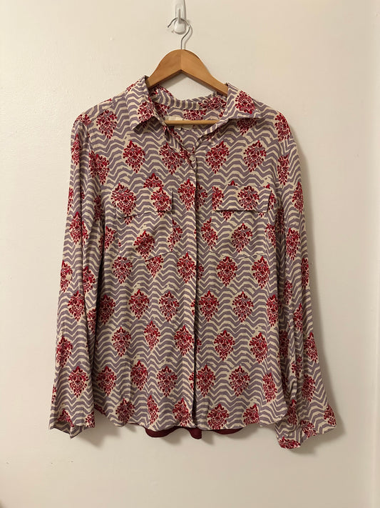 Porridge Anthropologie Patterned Mixed Media Button Down Shirt | Size Large