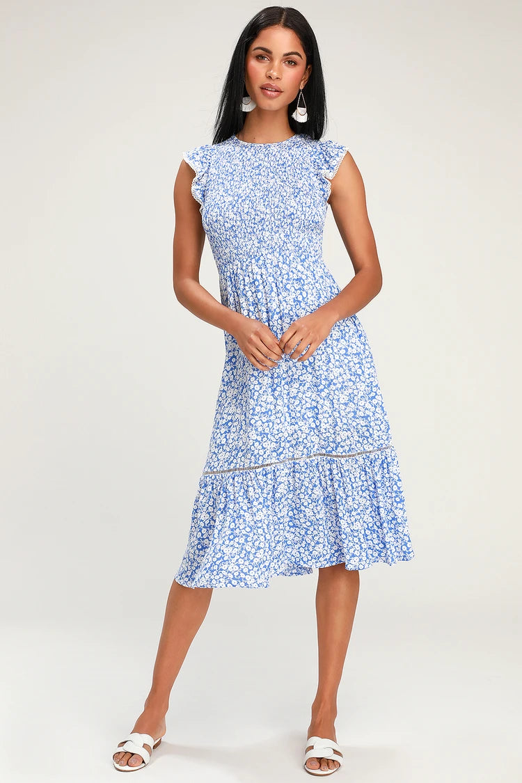 Lost + Wander Pick Me Blue Floral Print Midi Dress Size Small