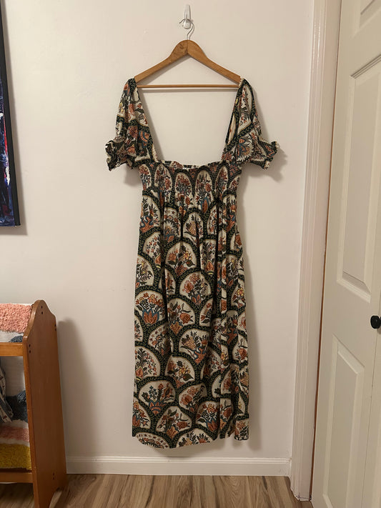 RHODE Resort Smocked Maxi Dress With Puff Sleeves in Mushroom Print | Size Small