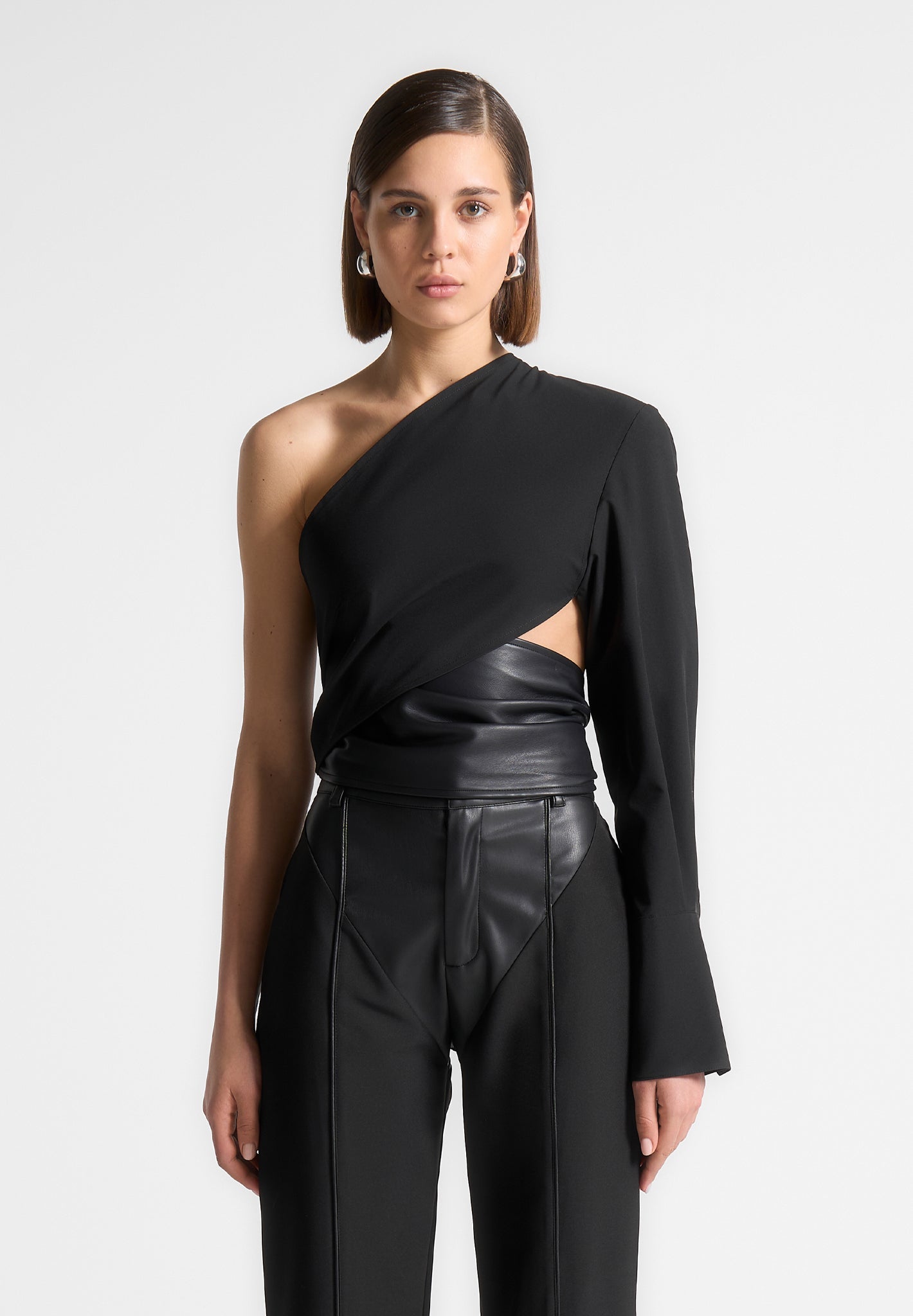 Maniere De Voir Coralie Black One-Shoulder Vegan Leather Wrap Blouse - Size 6