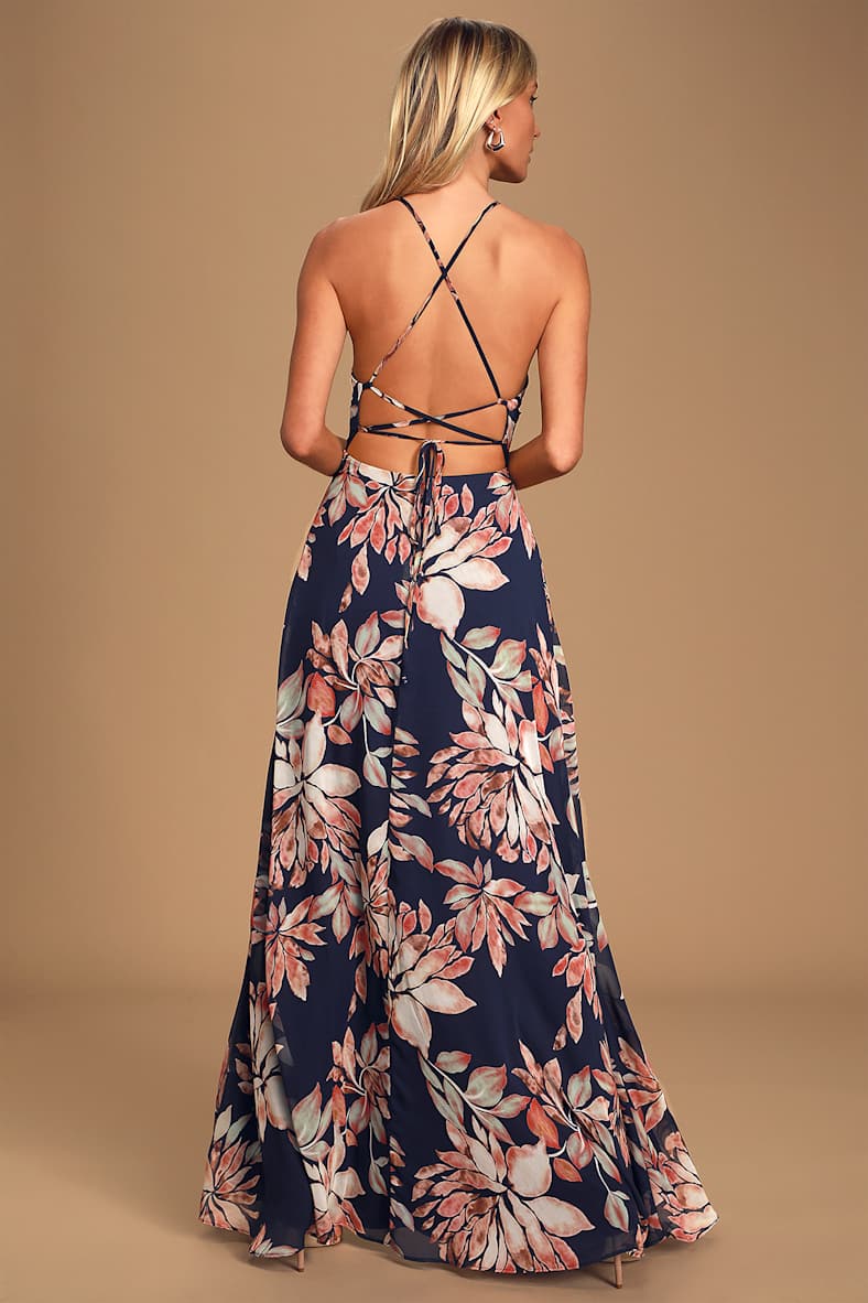 Lulus Adventure Seeker Navy Blue Floral Print Maxi Tie Back Dress | Size Medium