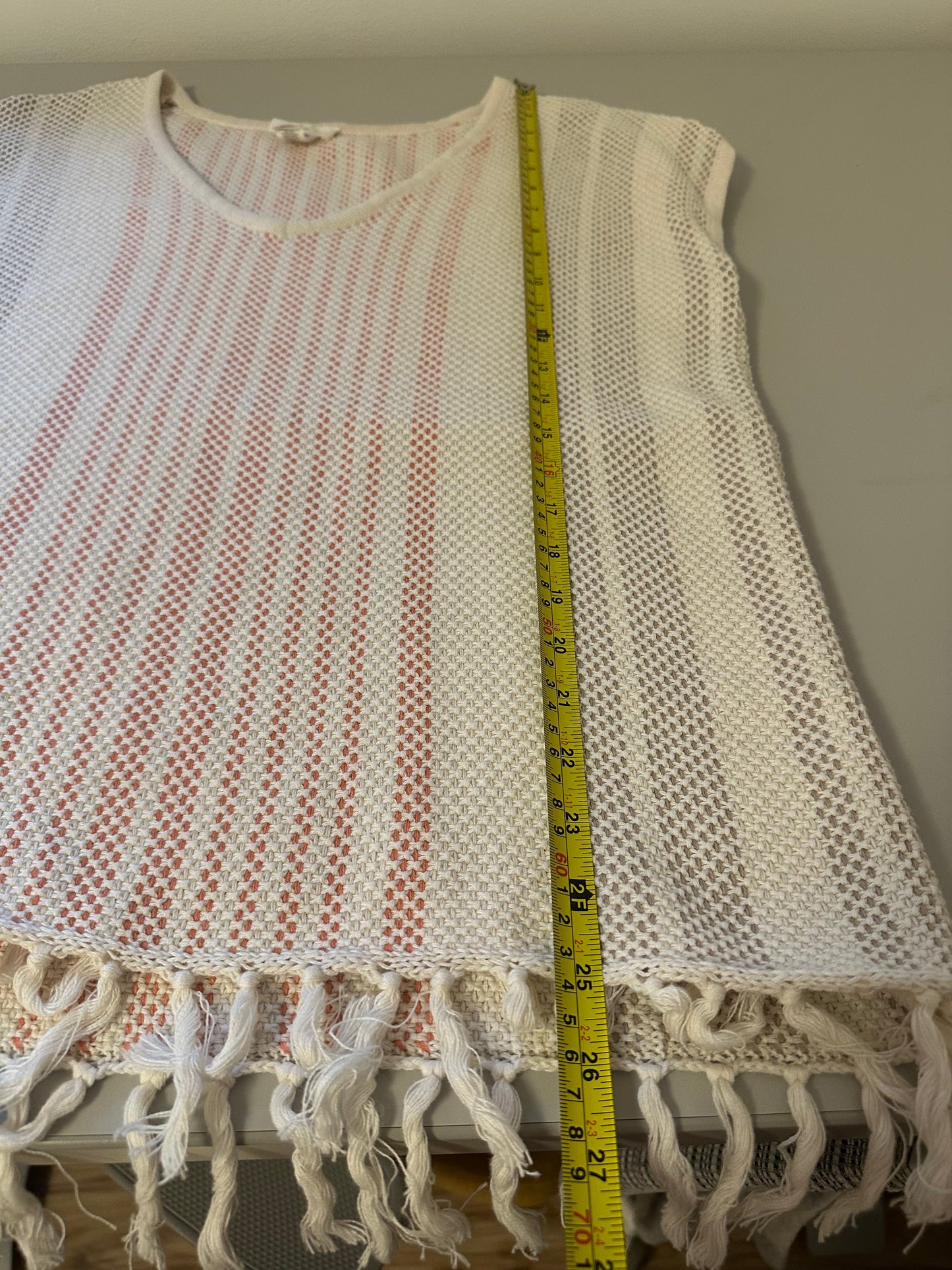 LOFT Lounge Cream and Pink Textured Knit Cotton Top With Tassels | Size Medium