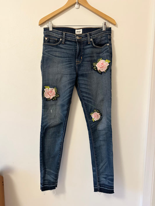 Hudson Jeans Dark Blue Mid Rise Skinny Jeans with Floral Embroidery | Size 28