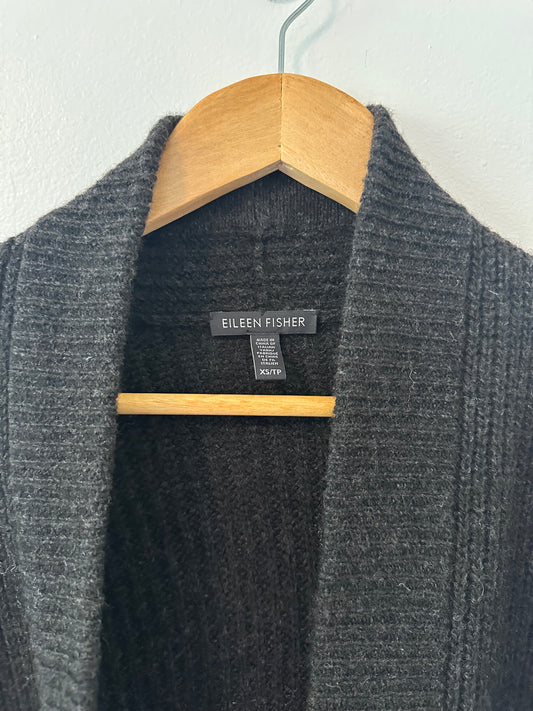 Eileen Fisher Black Wool Cardigan with Leather Details | Size XS