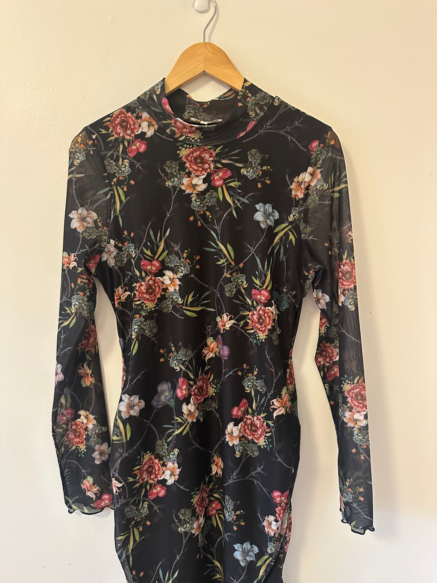 Heartloom The Sydney Black Floral Long Sleeve Mesh Mock Neck Dress | Size Large