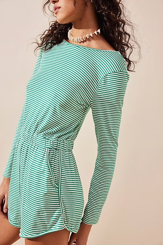 Free People Yvette Green and White Striped Romper Size Medium