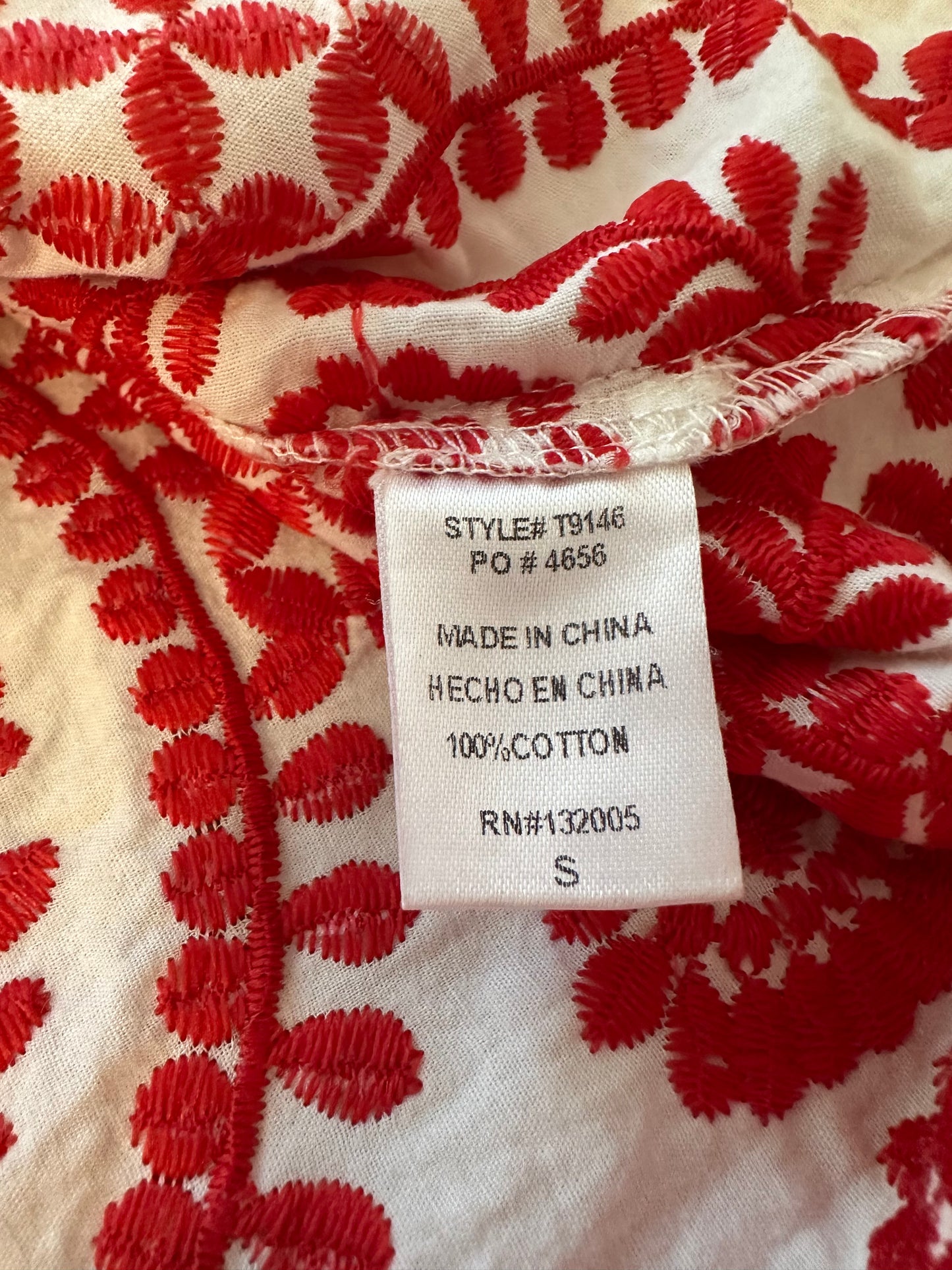 Entro Red and White Embroidered Off The Shoulder Blouse | Size Small