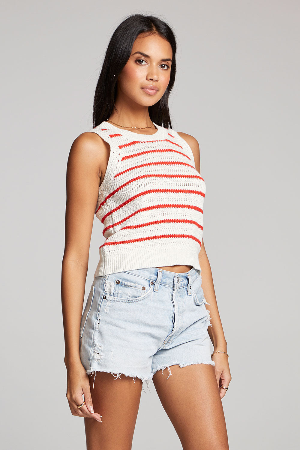 Saltwater LUXE Gaby Sweater Vest Tank Top in Cream and Red Stripe | Size Large