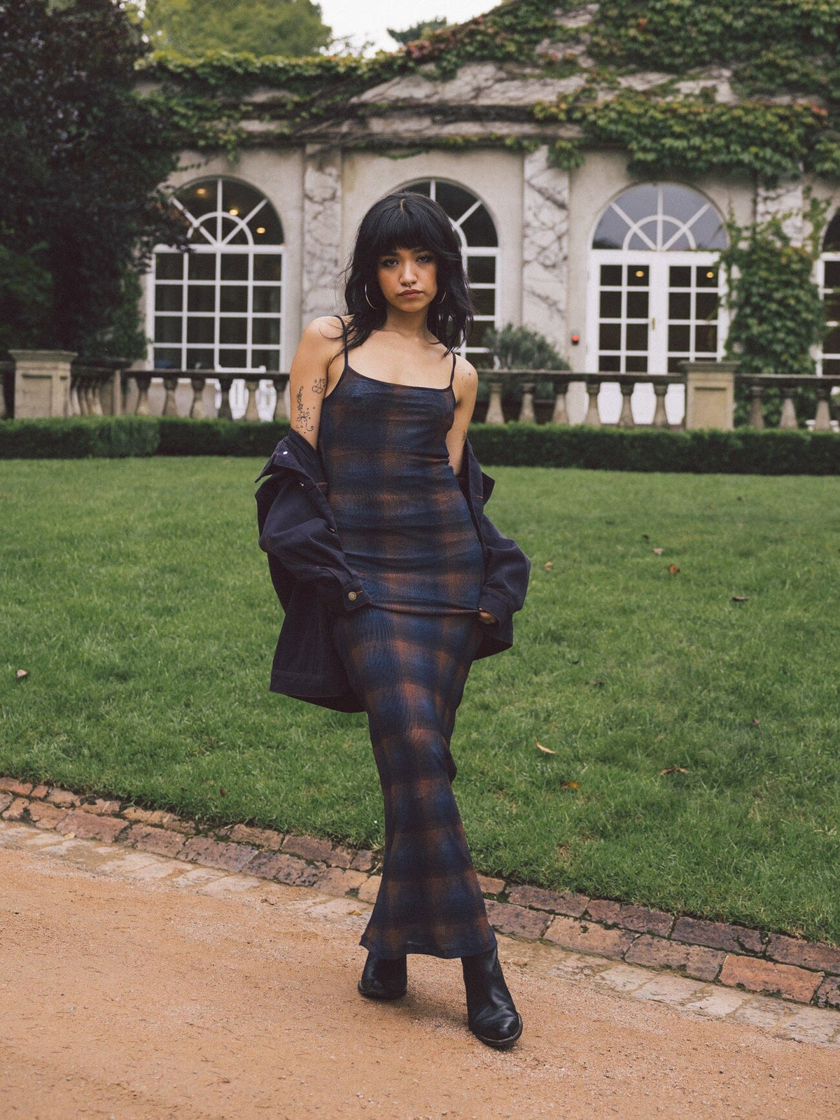 Thrills Enmesh Plaid Bodycon Mesh Spaghetti Strap Dress in Navy and Brown | Size Large