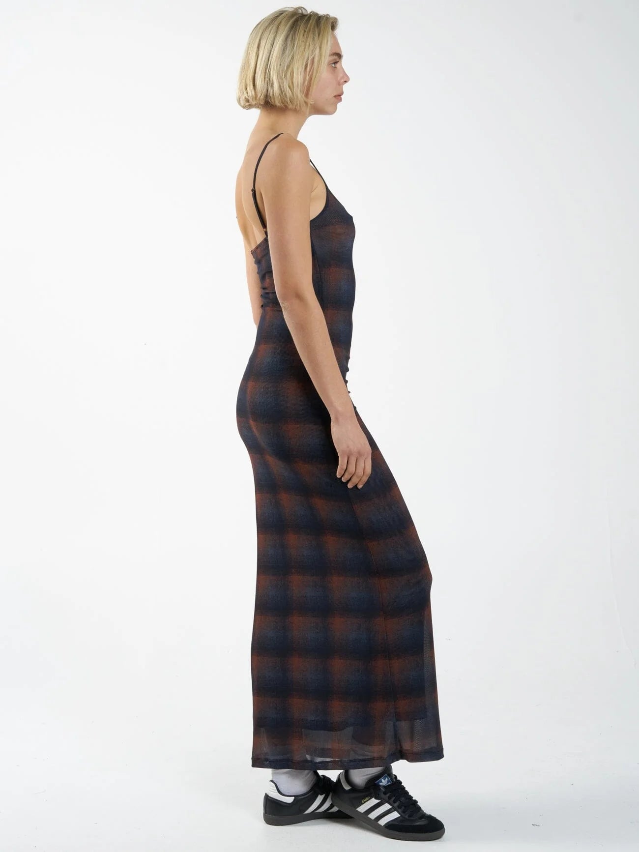 Thrills Enmesh Plaid Bodycon Mesh Spaghetti Strap Dress in Navy and Brown | Size Large