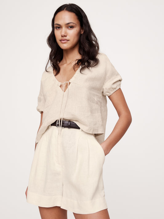 Banana Republic Linen Tie Front V Neck Top in Natural Size Large