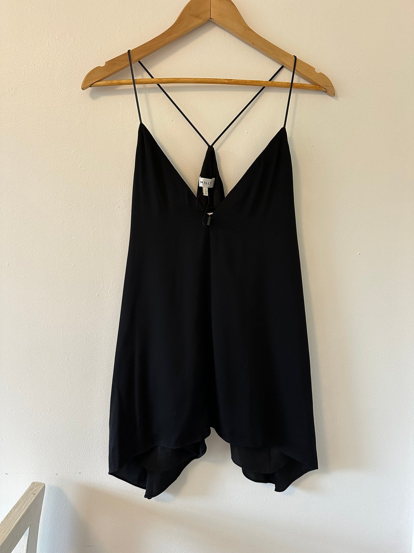 NWT Milly V-neck Flyaway Silk Tank in Black - Size Large