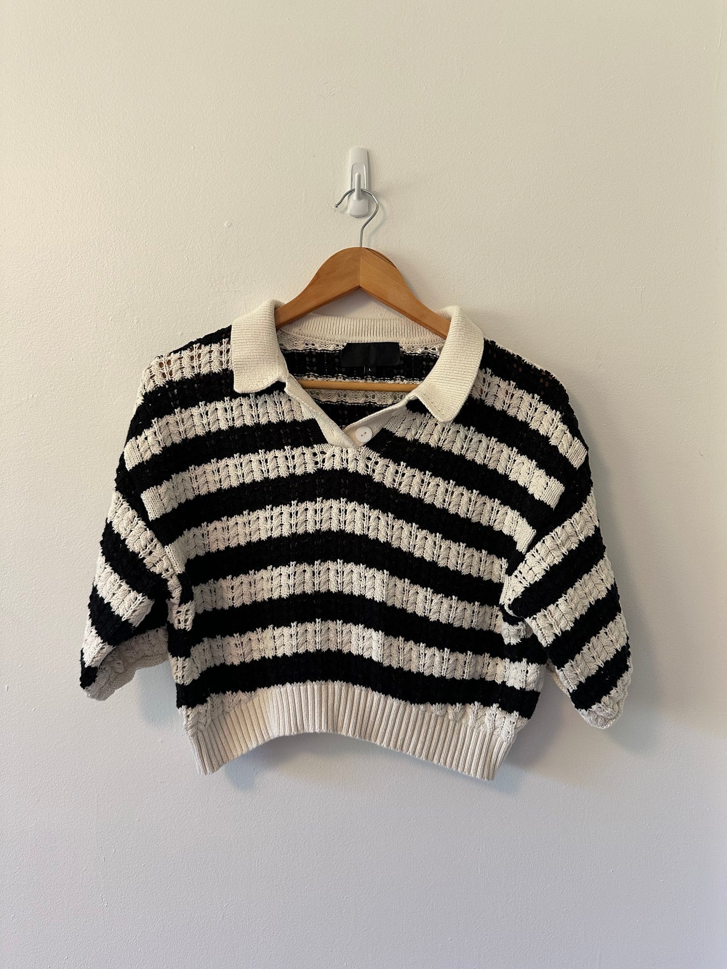 No. 6 Store Black and White Striped Cropped Polo Cotton Sweater | Size Large