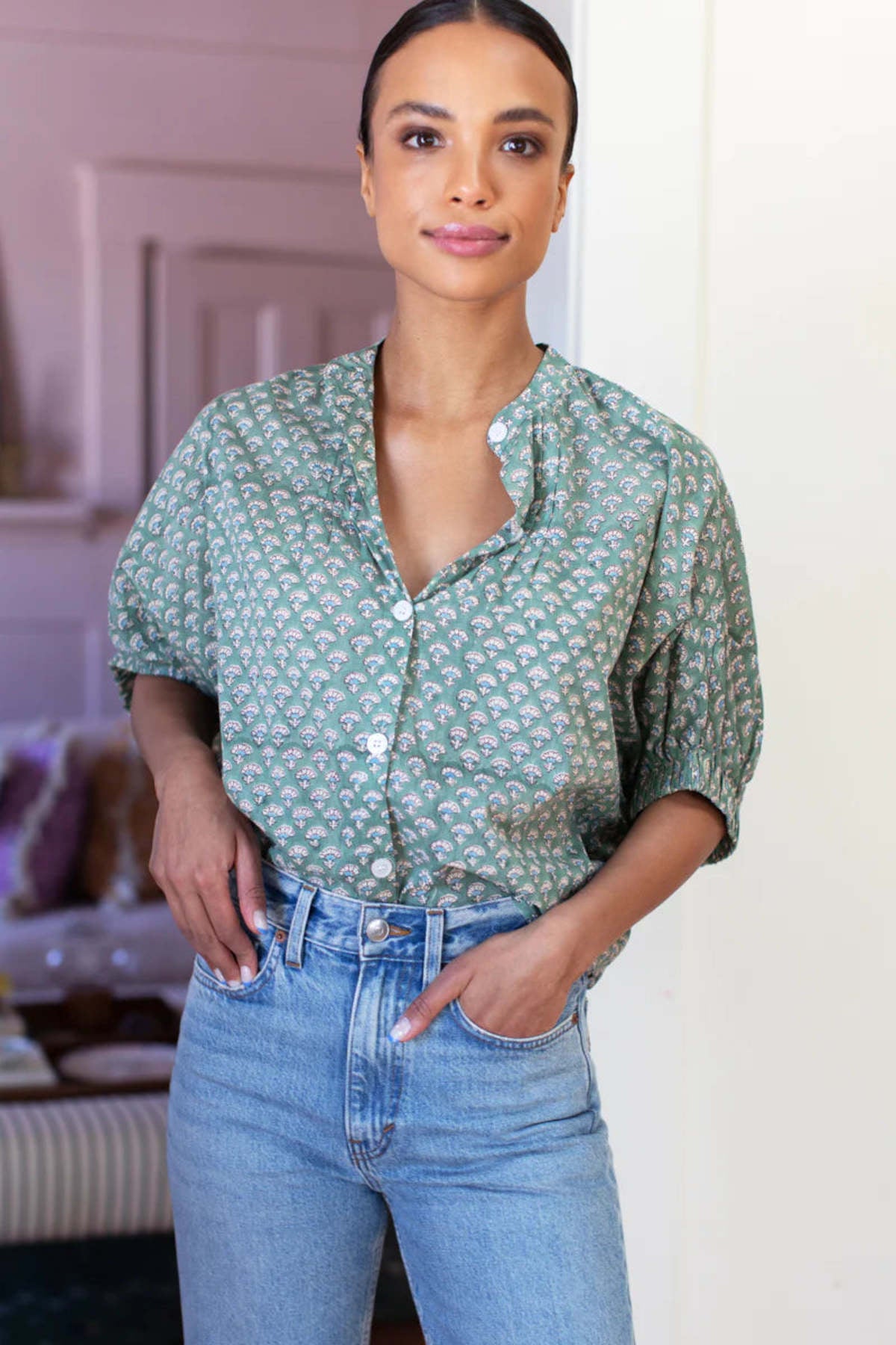 Emerson Fry - Mandarin Collar Top in Day Flowers Juniper Organic | One Size