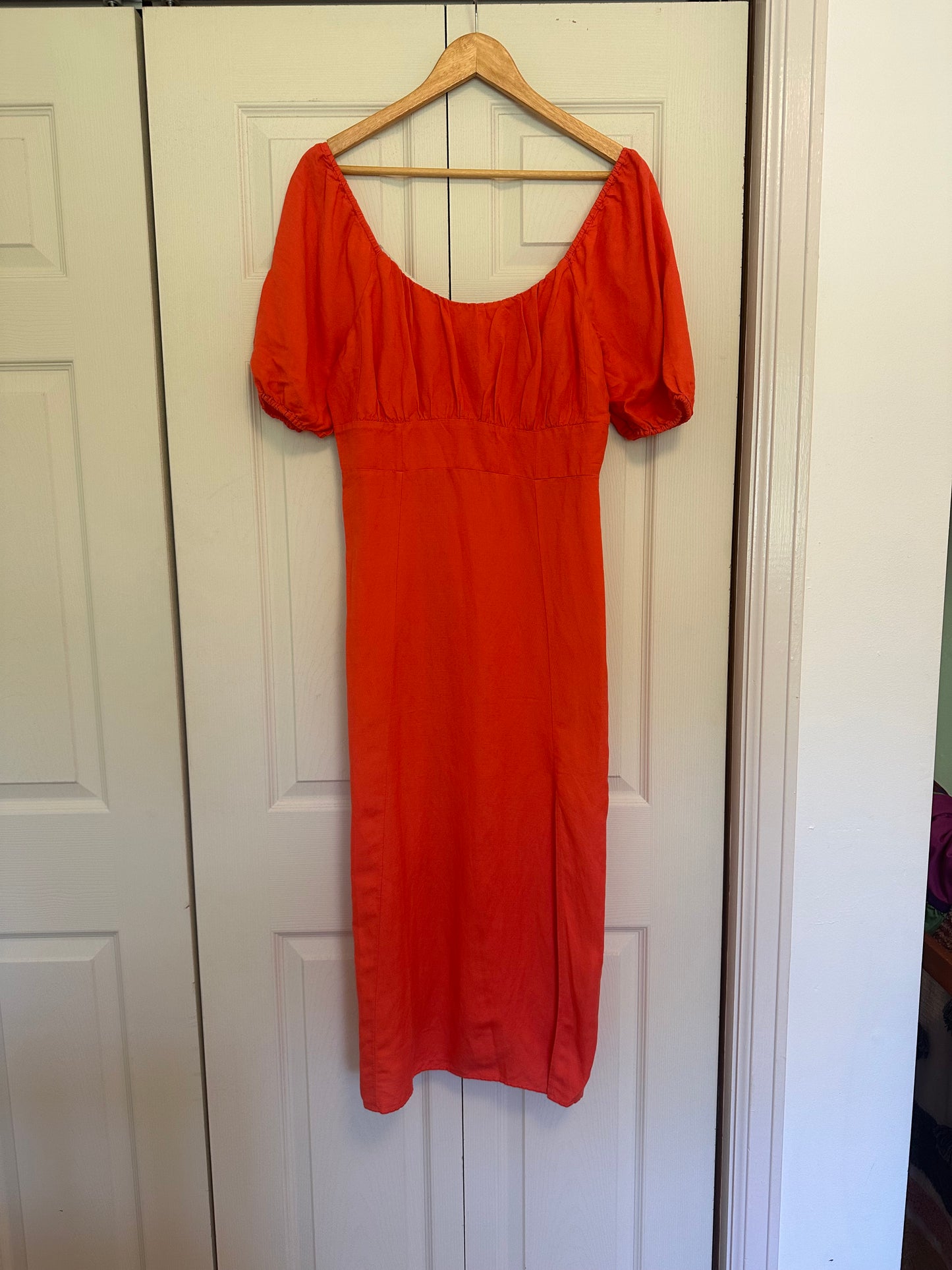 NWT LOFT Square Neck Puff Sleeve Coral Linen Midi Dress - Size 8P