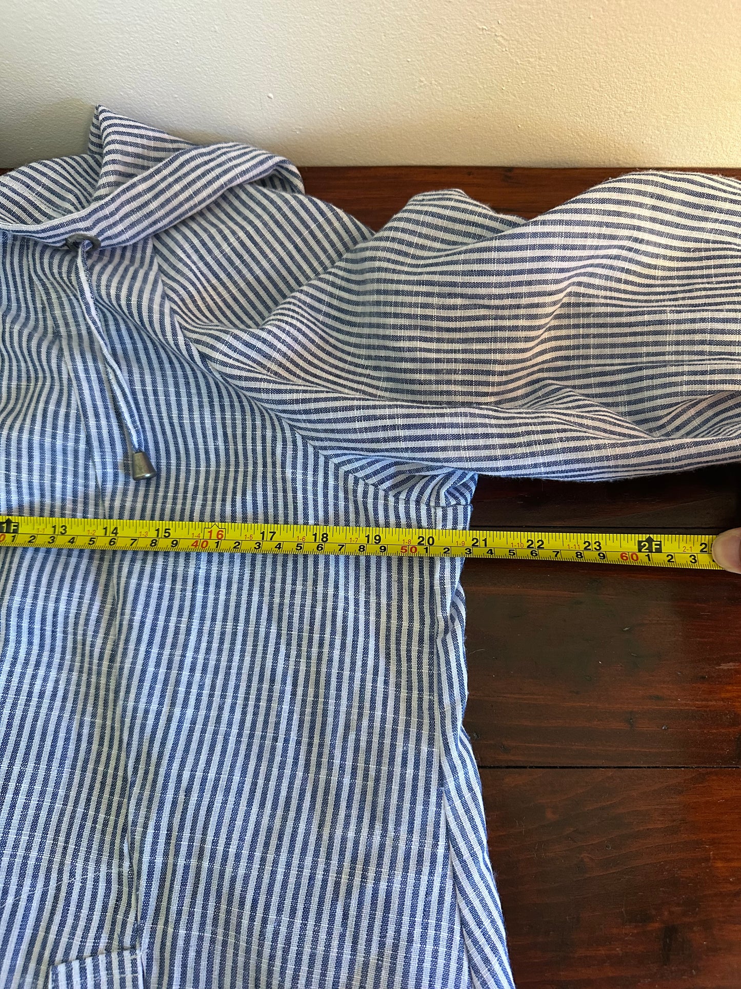 Sigrid Olsen Blue and White Striped Hooded Lightweight Tunic - Size Large