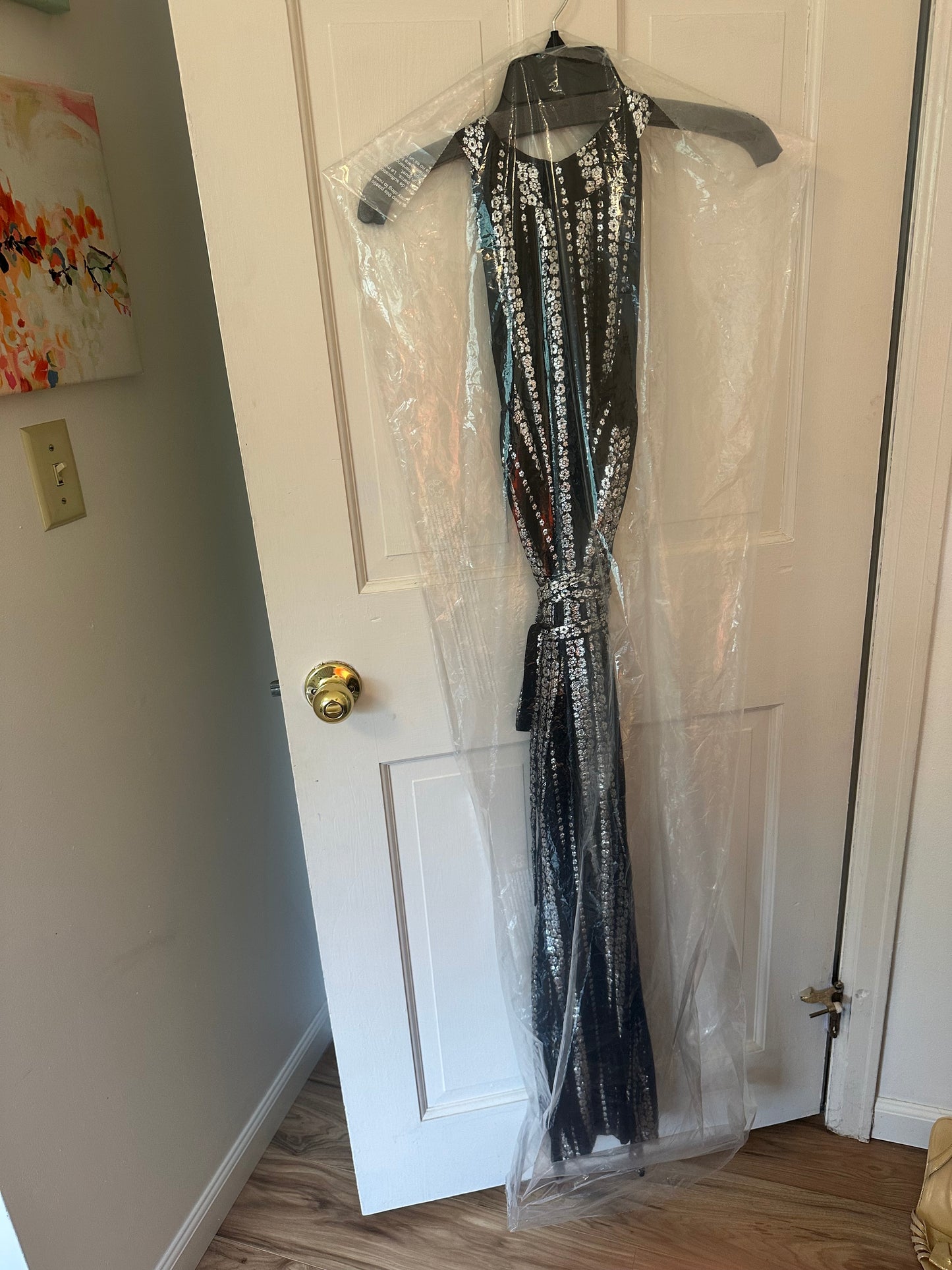 Emerson Fry New Black and Silver Floral Metallic Maxi Dress - Size Medium