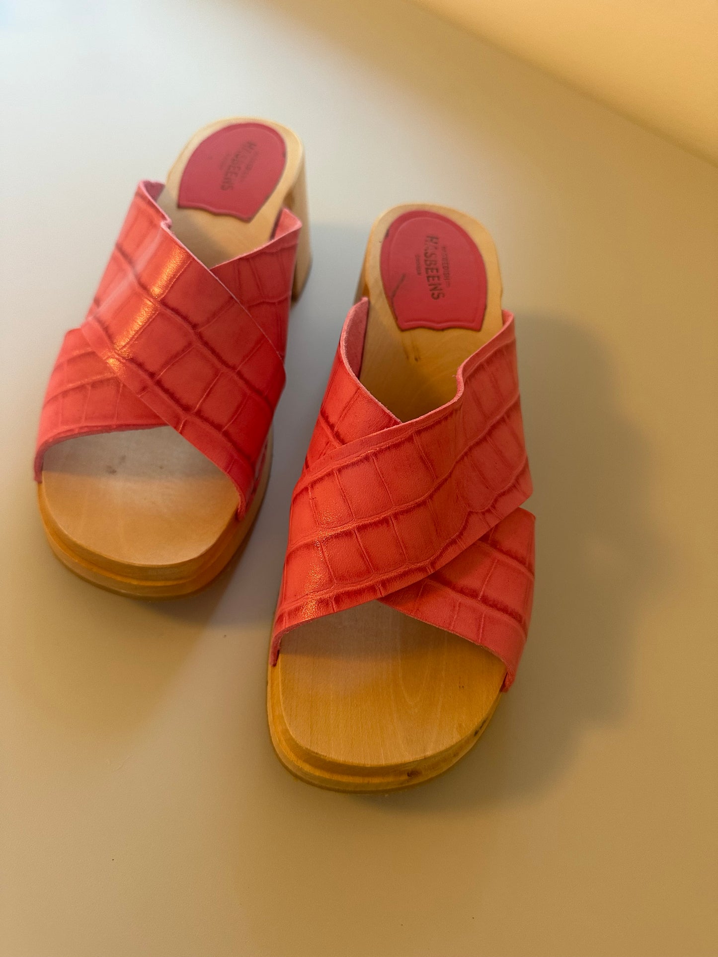 Swedish Hasbeens Anette Heeled Pink Block Clog Sandals | Size 40
