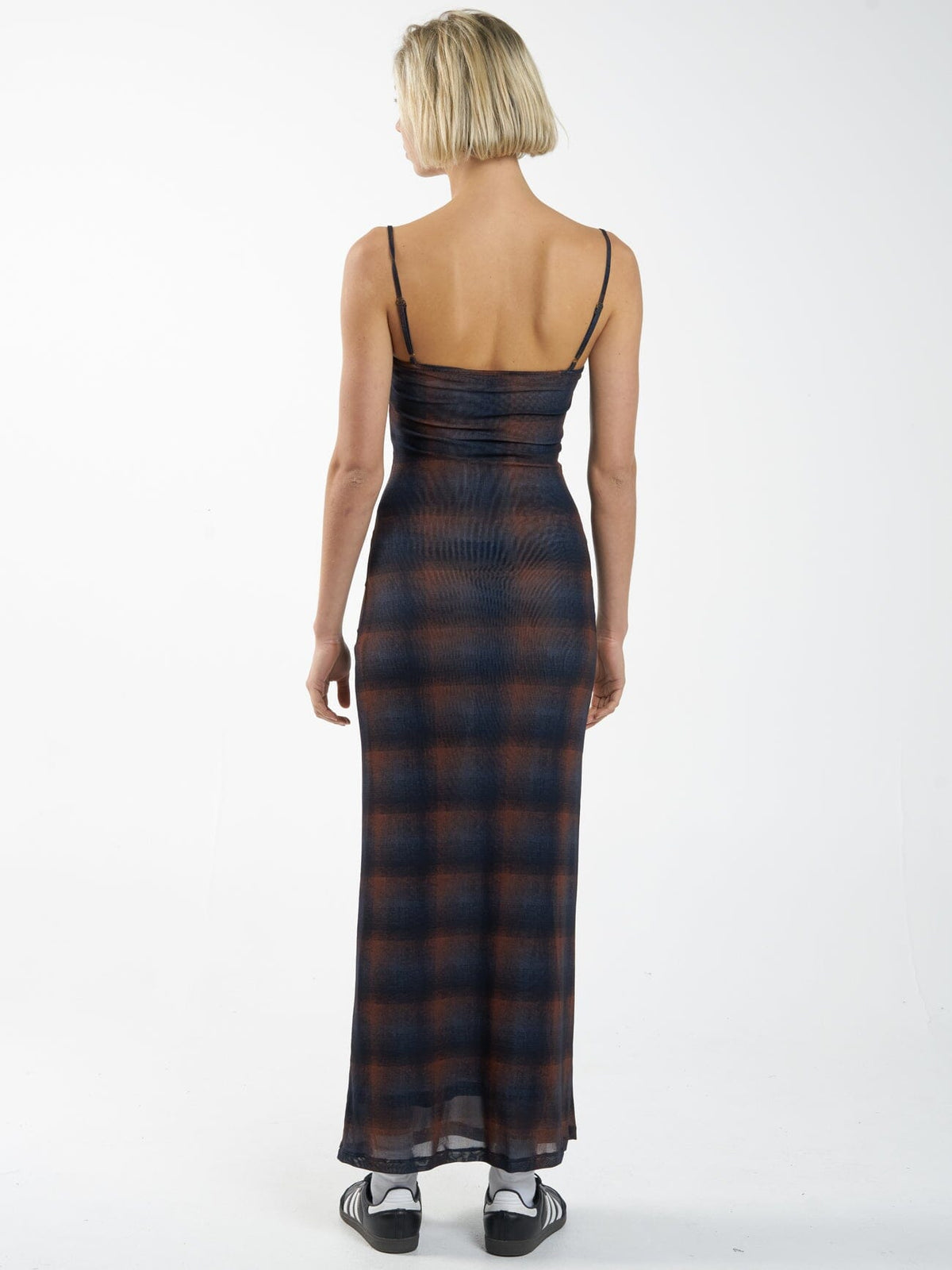 Thrills Enmesh Plaid Bodycon Mesh Spaghetti Strap Dress in Navy and Brown | Size Large