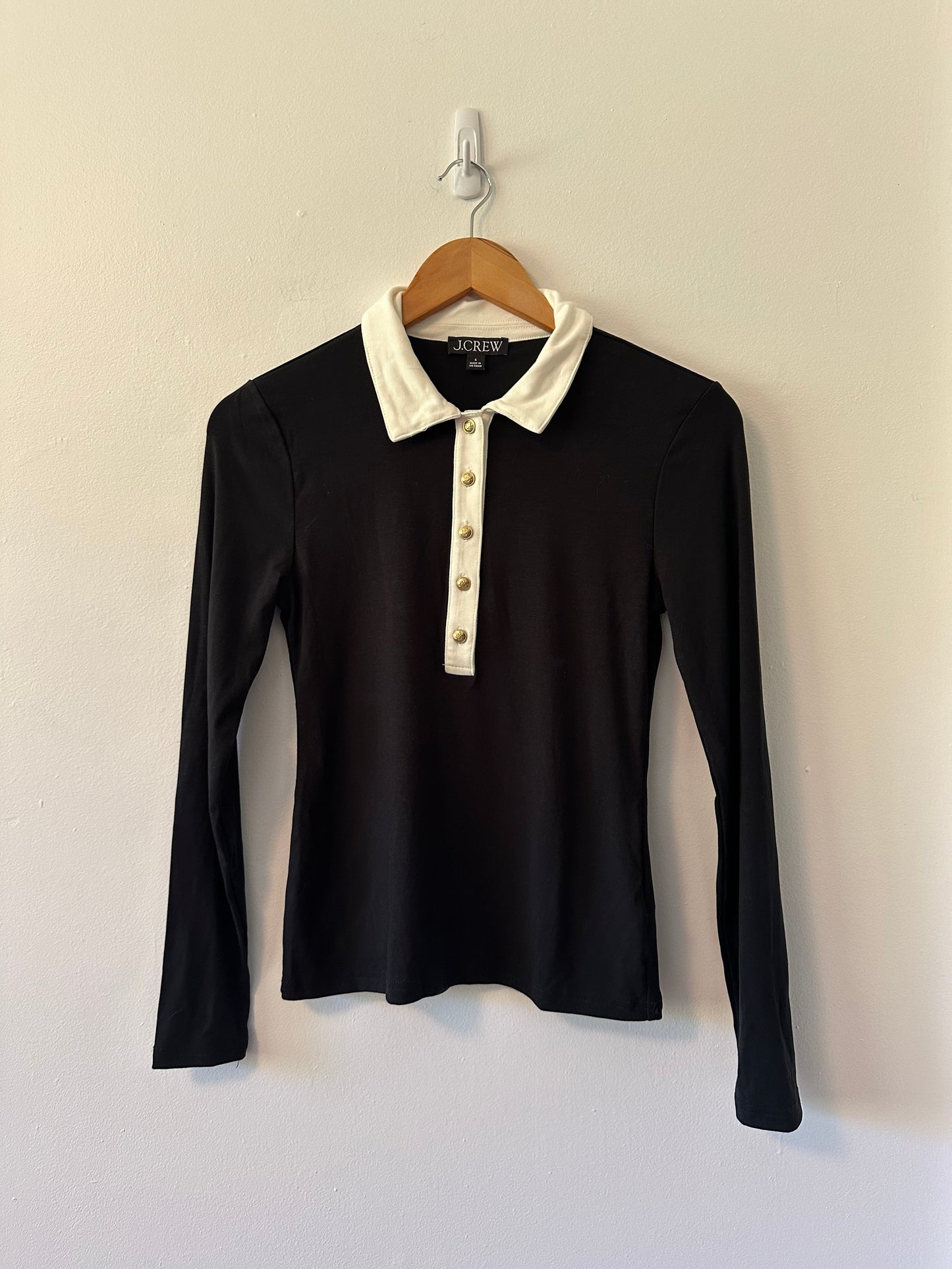 J.Crew Refined Rib Black and White Long Sleeve Polo Shirt | Size Small