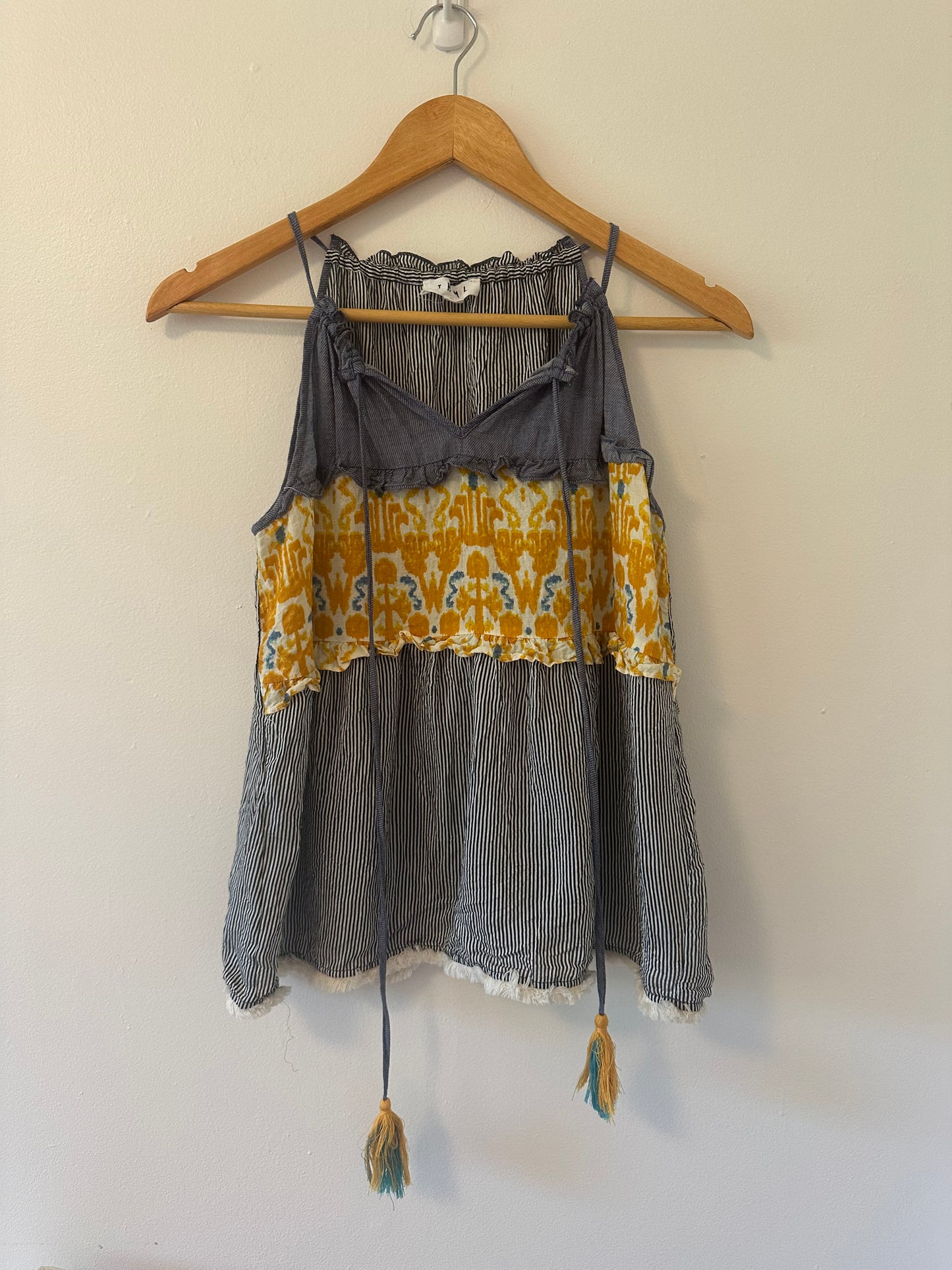 THML Striped Yellow and Blue Women's Flowy Top with Tassels - Size Medium
