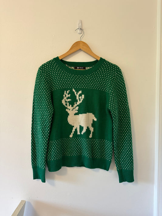 Ye Mak Green Sweater with Reindeer Design - Size Small