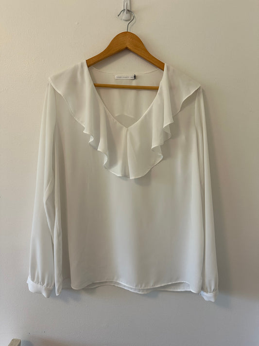 Three Eighty Two White Ruffle V-Neck Blouse Size Medium