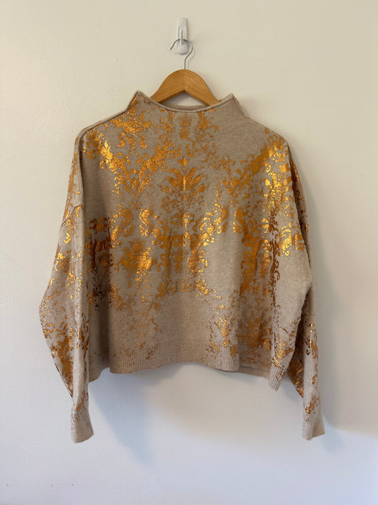Pilcro The Alani Cashmere Mock Neck Sweater with Gold Print | Size Medium