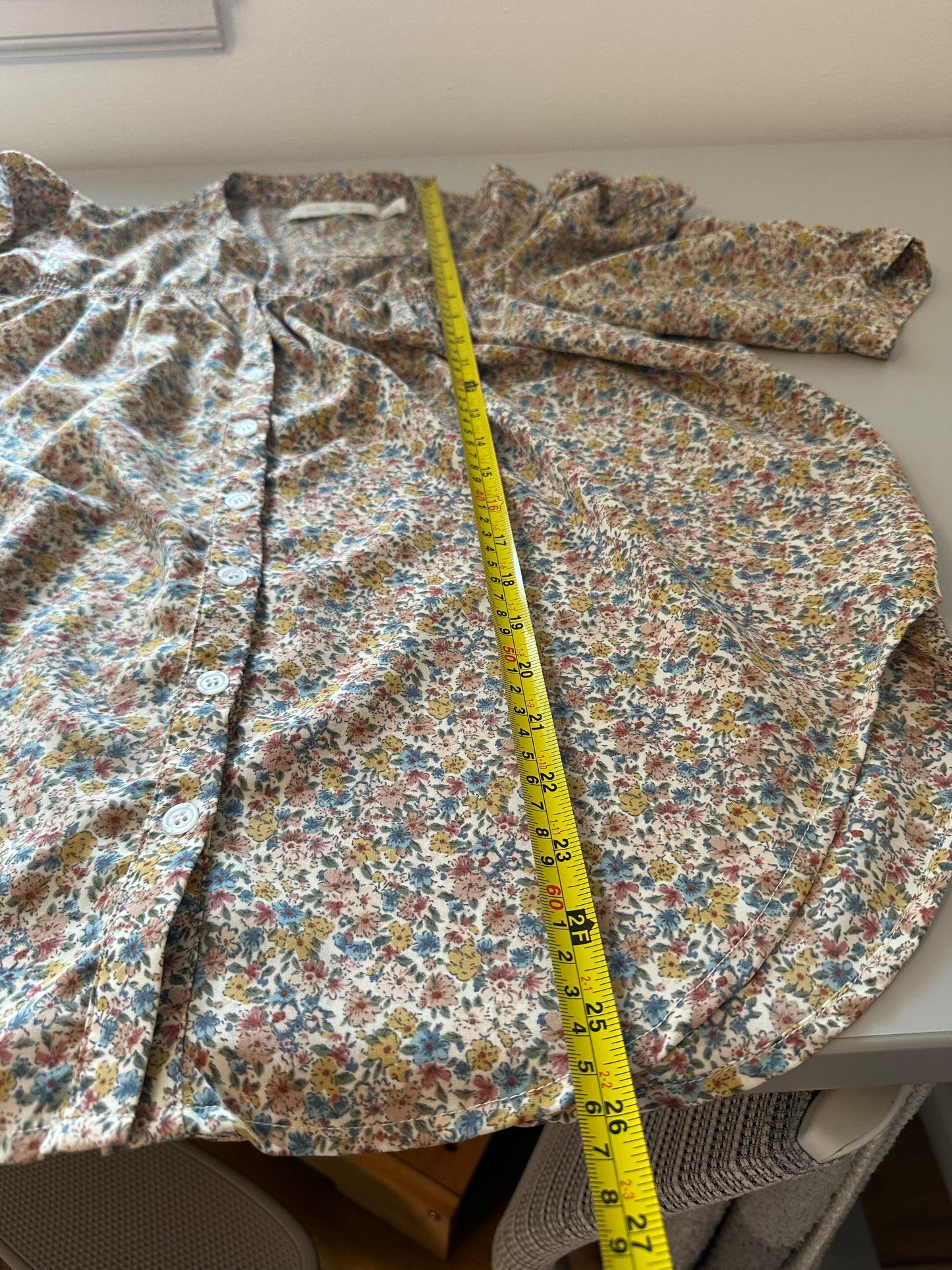 bishop + young Ruched Floral Button Down Blouse in Blue and Brown | Size Large