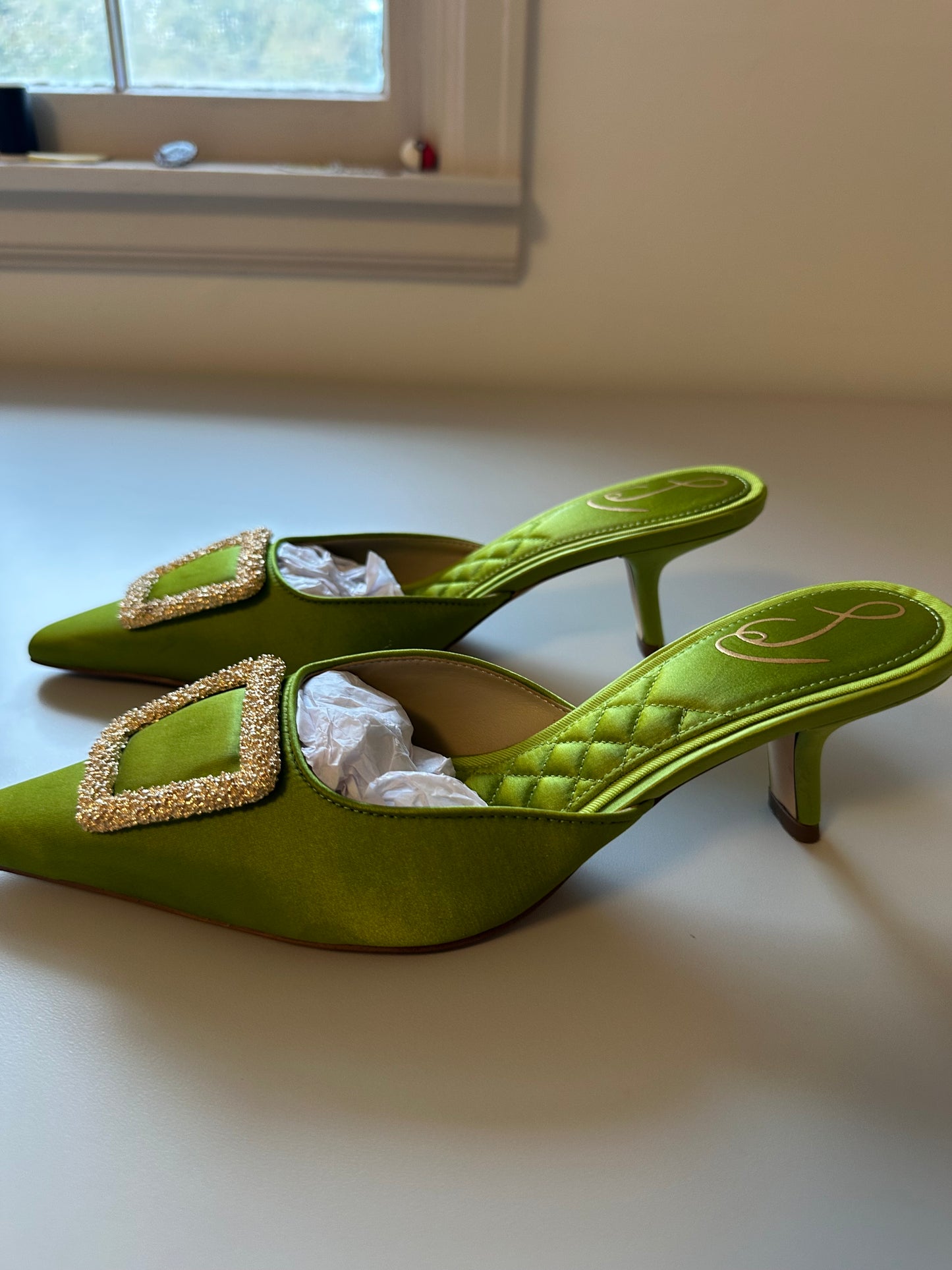 Sam Edelman Green Brit Mules with Gold Buckle and Kitten Heel | Size 7