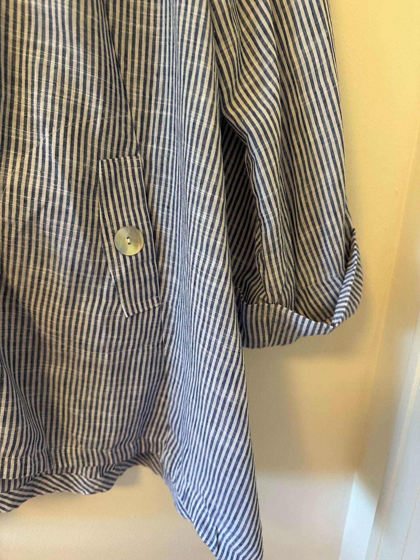 Sigrid Olsen Blue and White Striped Hooded Lightweight Tunic - Size Large