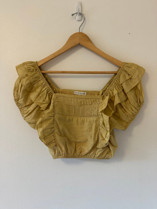 Moon River Puff Sleeve Yellow Ruffled Cropped Blouse | Size XS