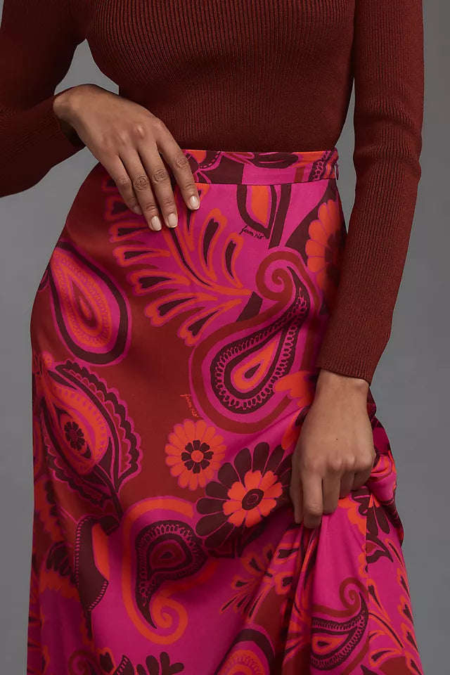 FARM Rio Bold Floral Satin Maxi Skirt | Size Large