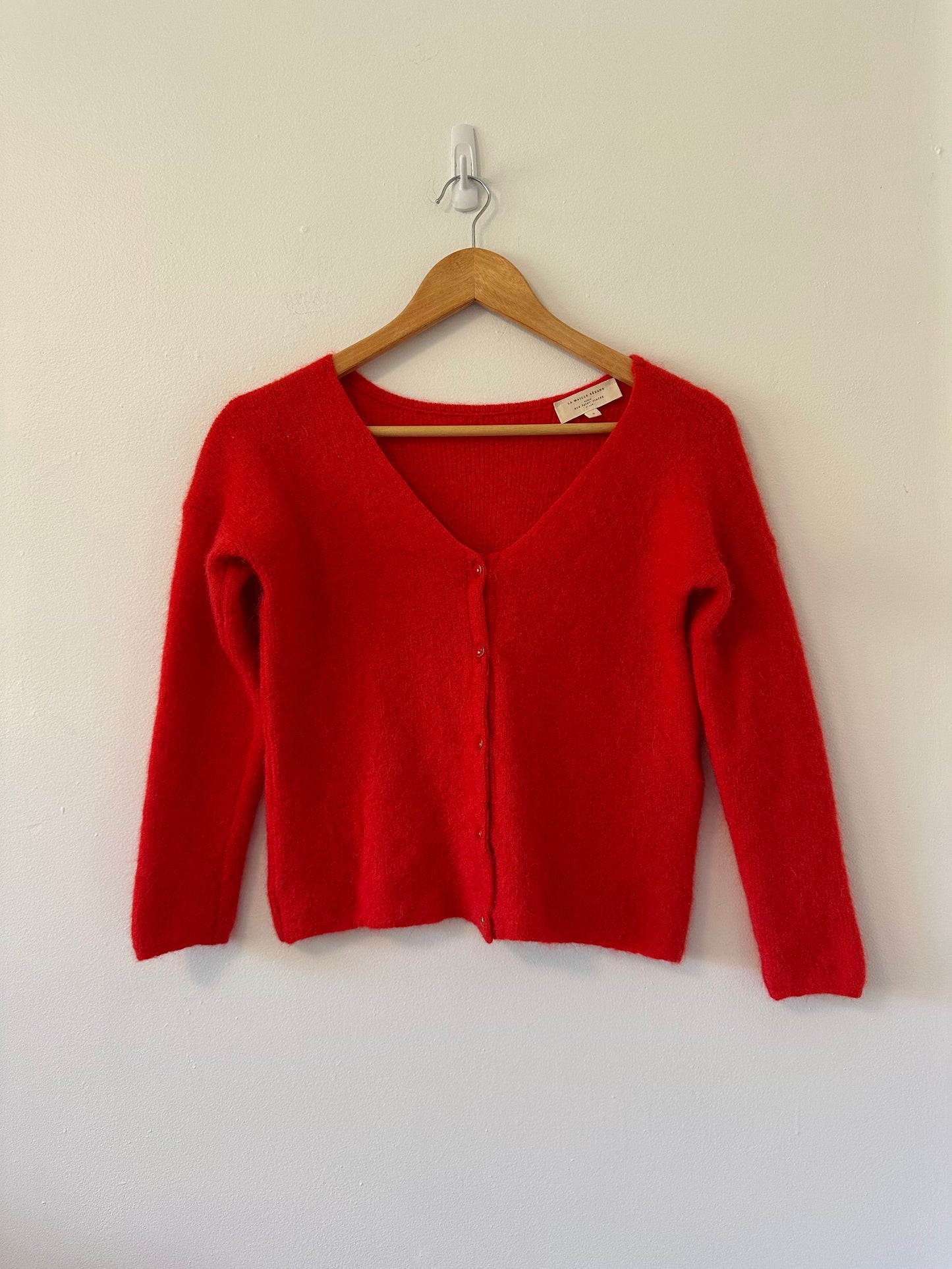 Sezane Barry V-neck Cardigan Sweater in Bright Red Mohair | Size Small