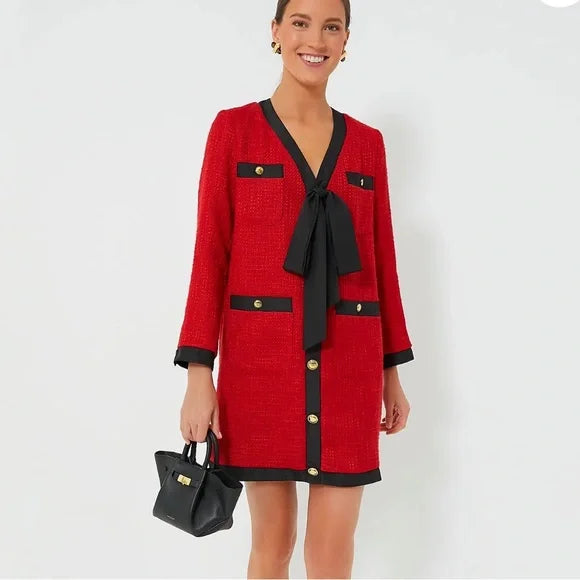 Tuckernuck Pomander Place - Red Tweed Coco Bow Detail Dress | Size Medium