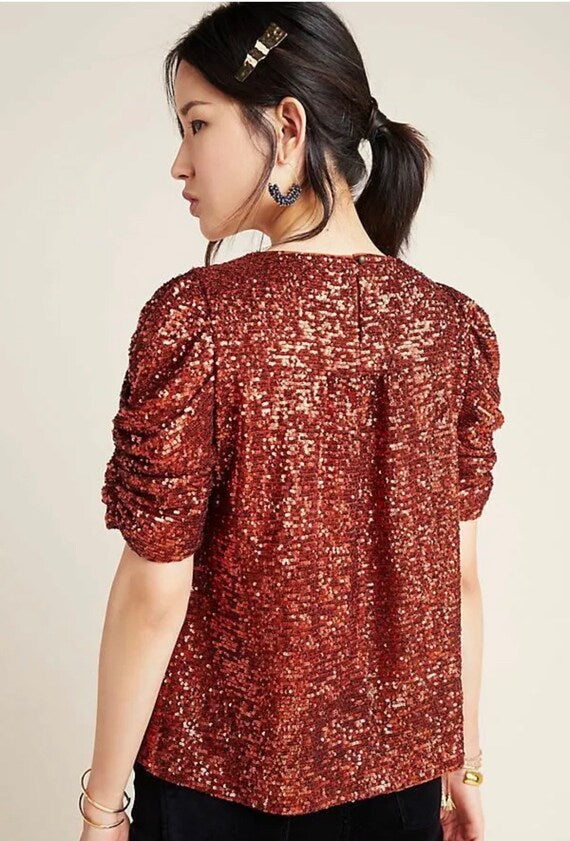 Anthropologie Marie Sequin Puff Sleeve Blouse in Copper | Size 6