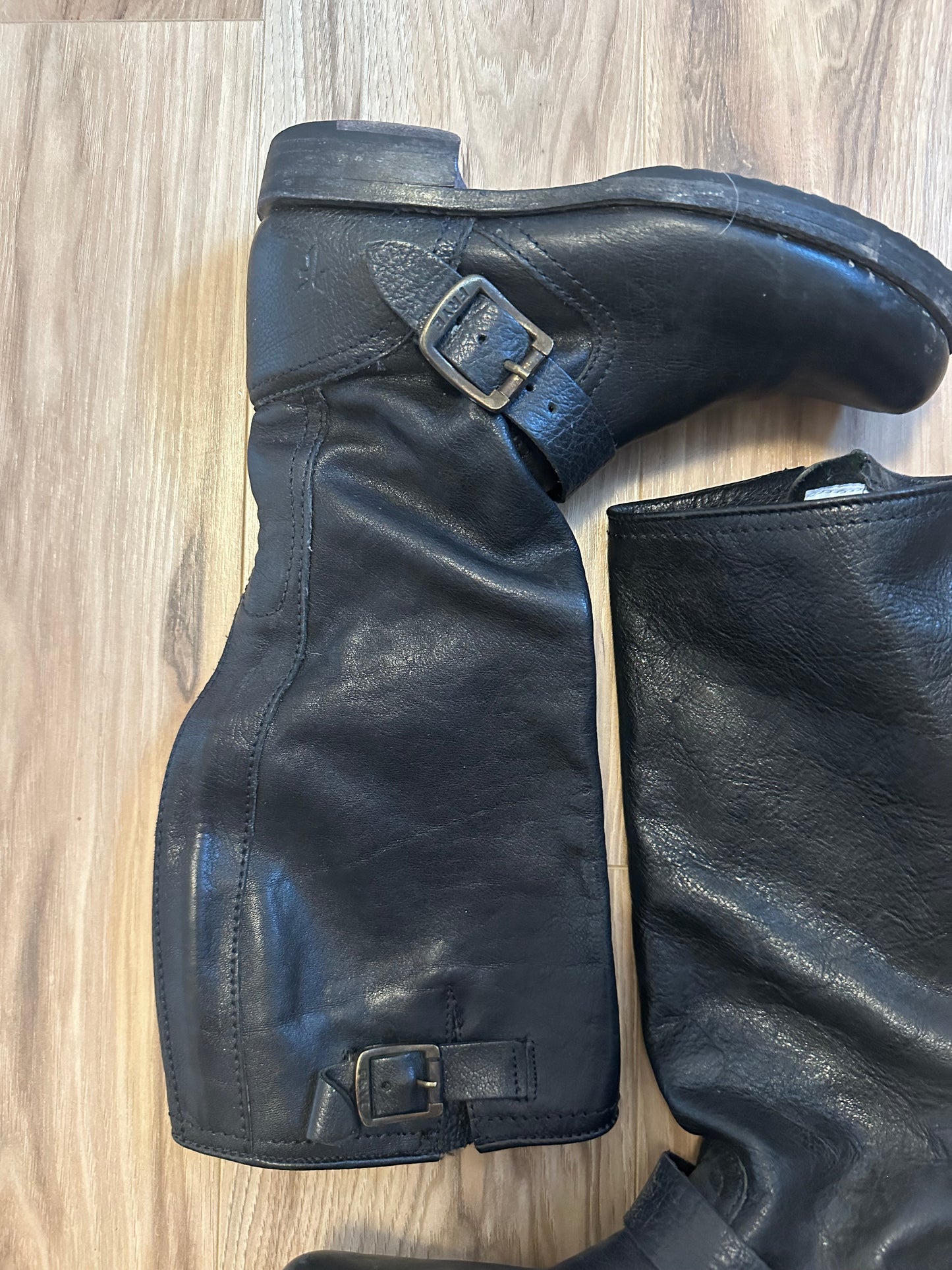 Frye Veronica Slouch Black Leather Pull On Buckle Boots | Size 6