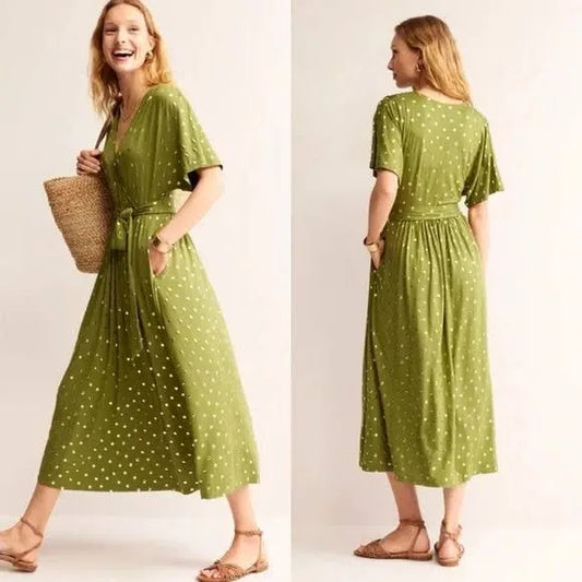 NWT Boden Kimono Wrap Jersey Dress in Green with Gold Polka Dots - Size US 10