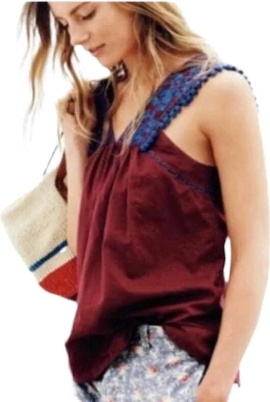 J. Crew Embroidered Burgundy Pom Pom Sleeveless Tank Top - Size 2